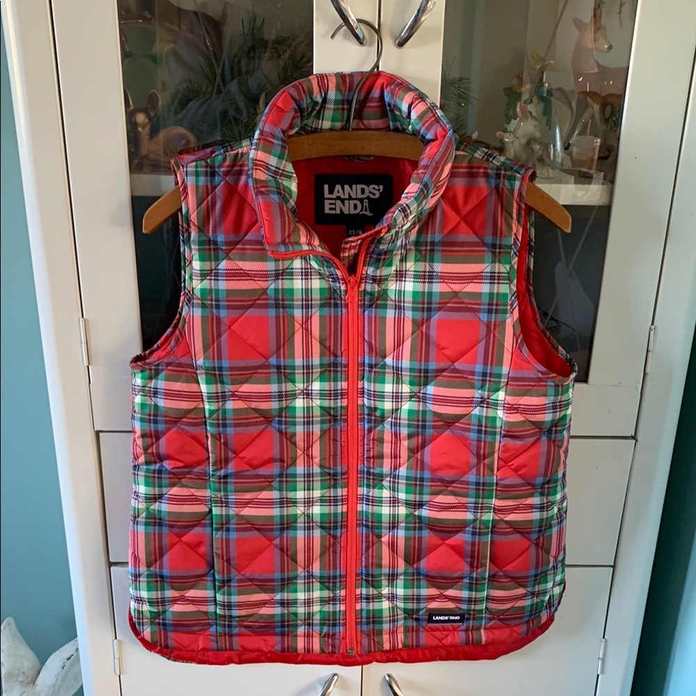 Lands' End Red Plaid Puffer Vest sz XS 2-4 like new!